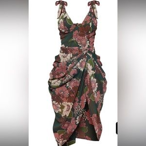 Emerald Green Floral Underwire Detail Draped Midi Dress